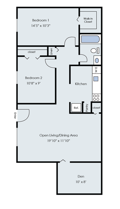 Floor plan for 2 beds, 1 bath, 810 sqft
